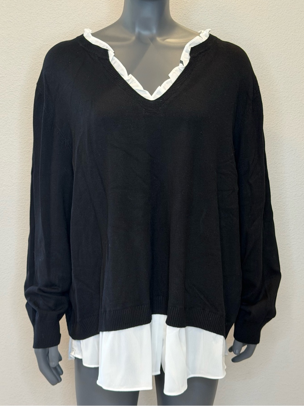 Sioni Milan Plus Black V-Neck Sweater Attatched Shirt Hem Womens Size 3X XXXL